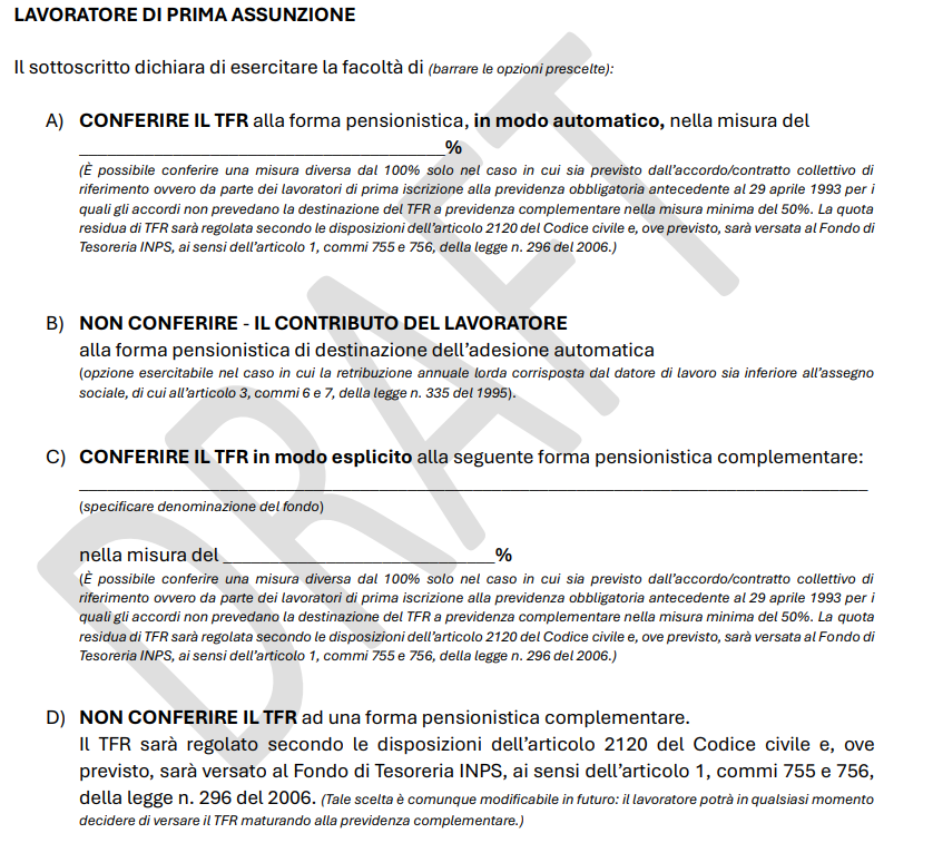 Fac-simile del modulo ministeriale per la destinazione del TFR dei lavoratori di prima assunzione